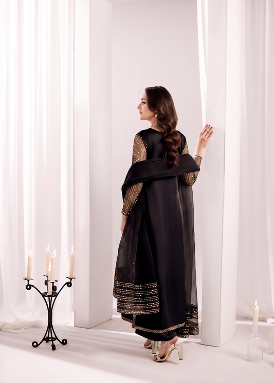 Black Embroidered Silk Designer Suit Online in KSA Riyadh Saudi Arabia Oman Bahrain Qatar