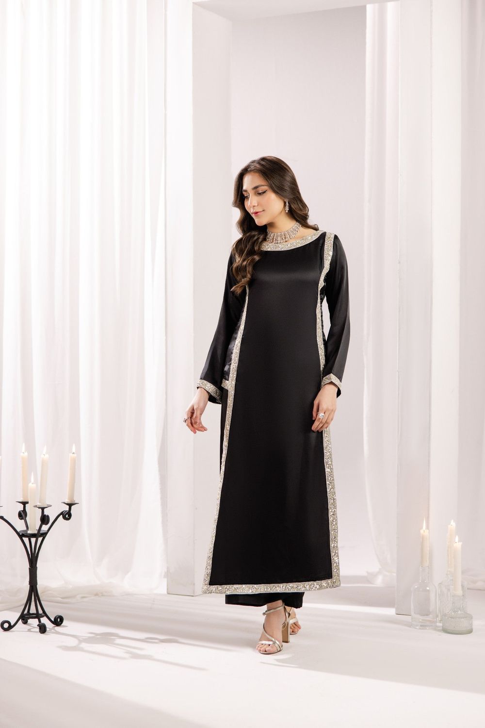 Black Embroidered Silk Kurta with Plazzo Online in Dubai UAE Abudhabi Ajman Sharjah