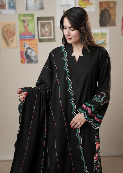 Black Embroidered Slub Khaddar 3 Piece Pakistani Suit Online in Dubai DXB UAE Abudhabi Meena Bazaar