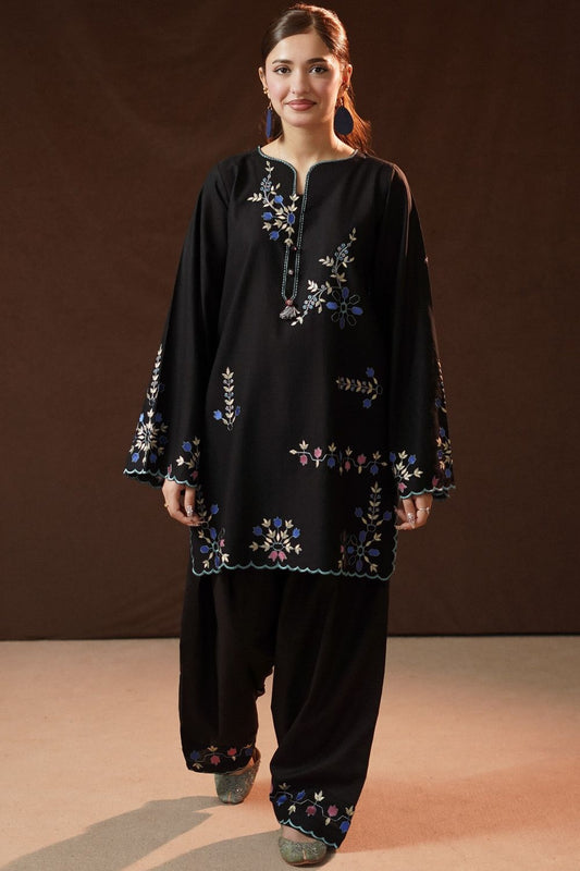 Black Embroidered Slub Khaddar Kurta Set Online in Dubai UAE Abudhabi Ajman Sharjah