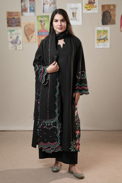 Black Embroidered Slub Khaddar Pakistani Suit Online in Dubai UAE Abudhabi Ajman Sharjah