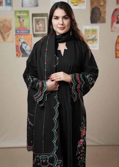 Black Embroidered Slub Khaddar Stitched Suit Online in UK USA Canada