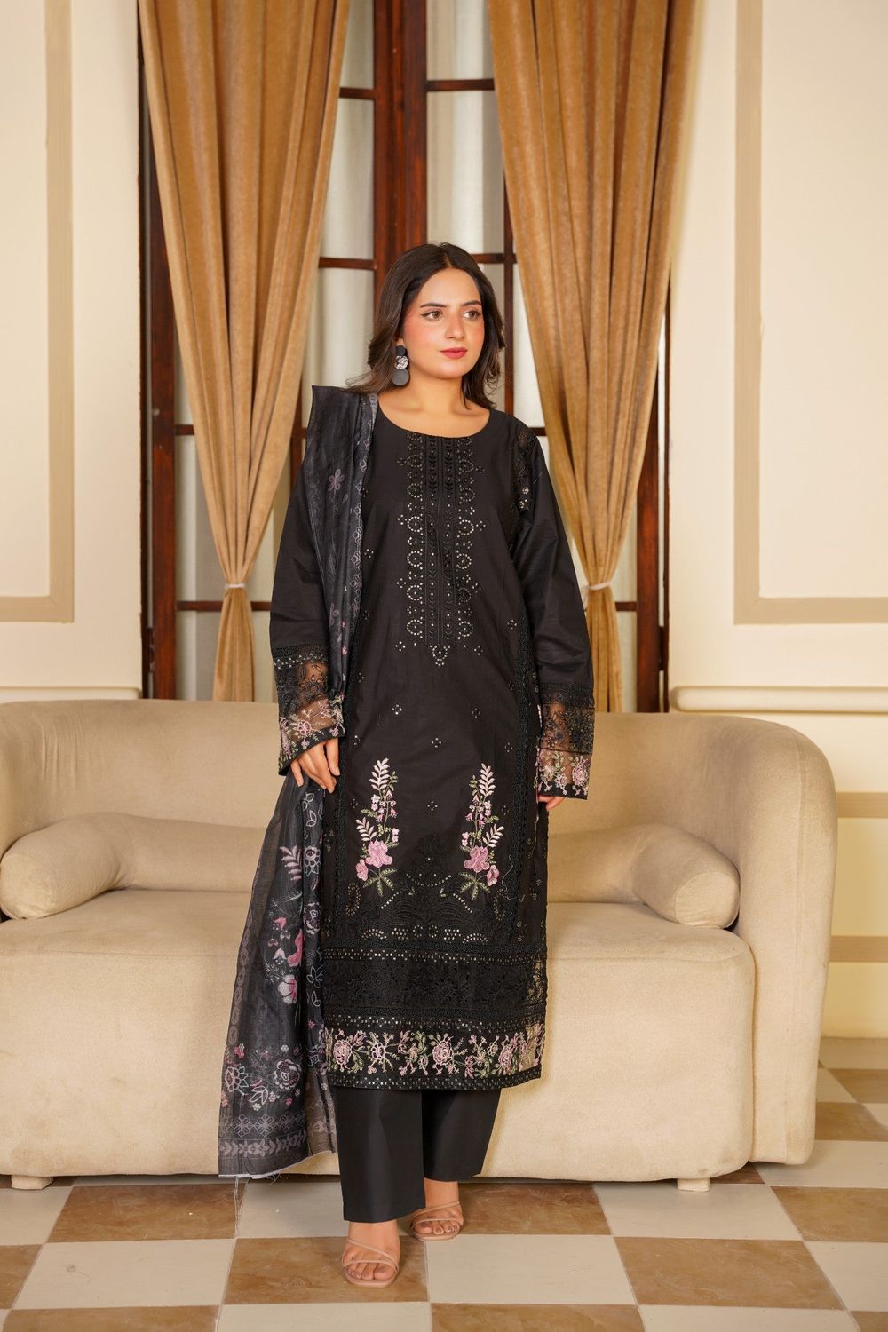 Black Embroidered Swiss Lawn Long Kurta Set Online in Dubai UAE Abudhabi Ajman Sharjah