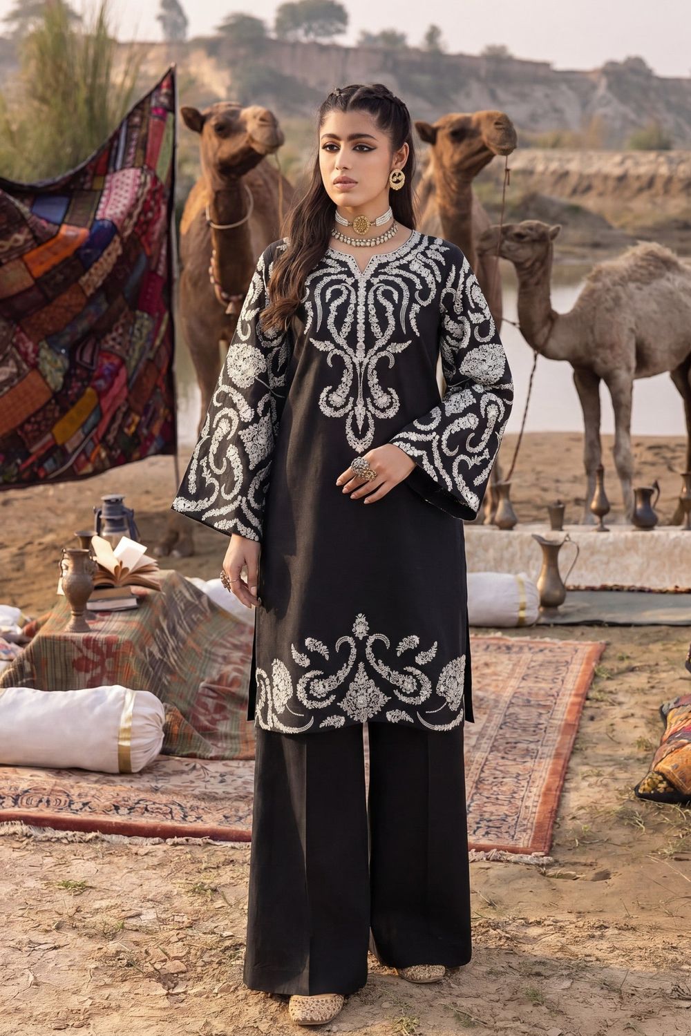 Black Embroidered Textured Lawn Salwar Kameez Online in Dubai UAE Abudhabi Ajman Sharjah