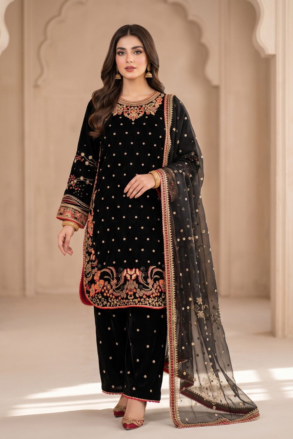 Black Embroidered Velvet Pakistani Suit Online in Dubai UAE Abudhabi Ajman Sharjah
