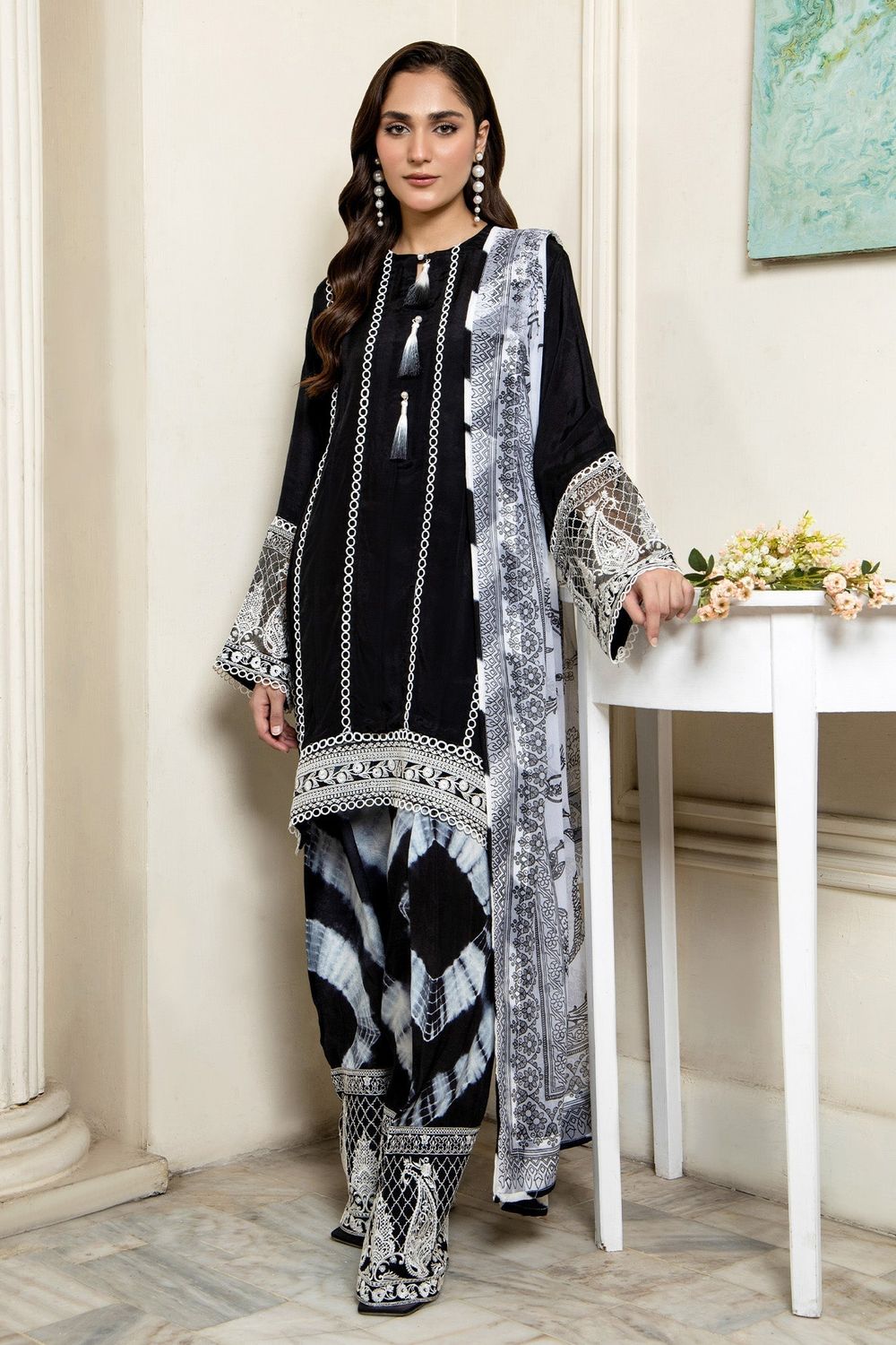 Black Embroidered Viscose Farshi Shalwar Suit Online in Dubai UAE Abudhabi Ajman Sharjah