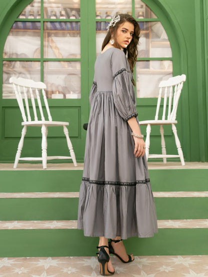 Black Embroidery Grey Cotton Dress Online in Dubai UAE Abudhabi Ajman Sharjah