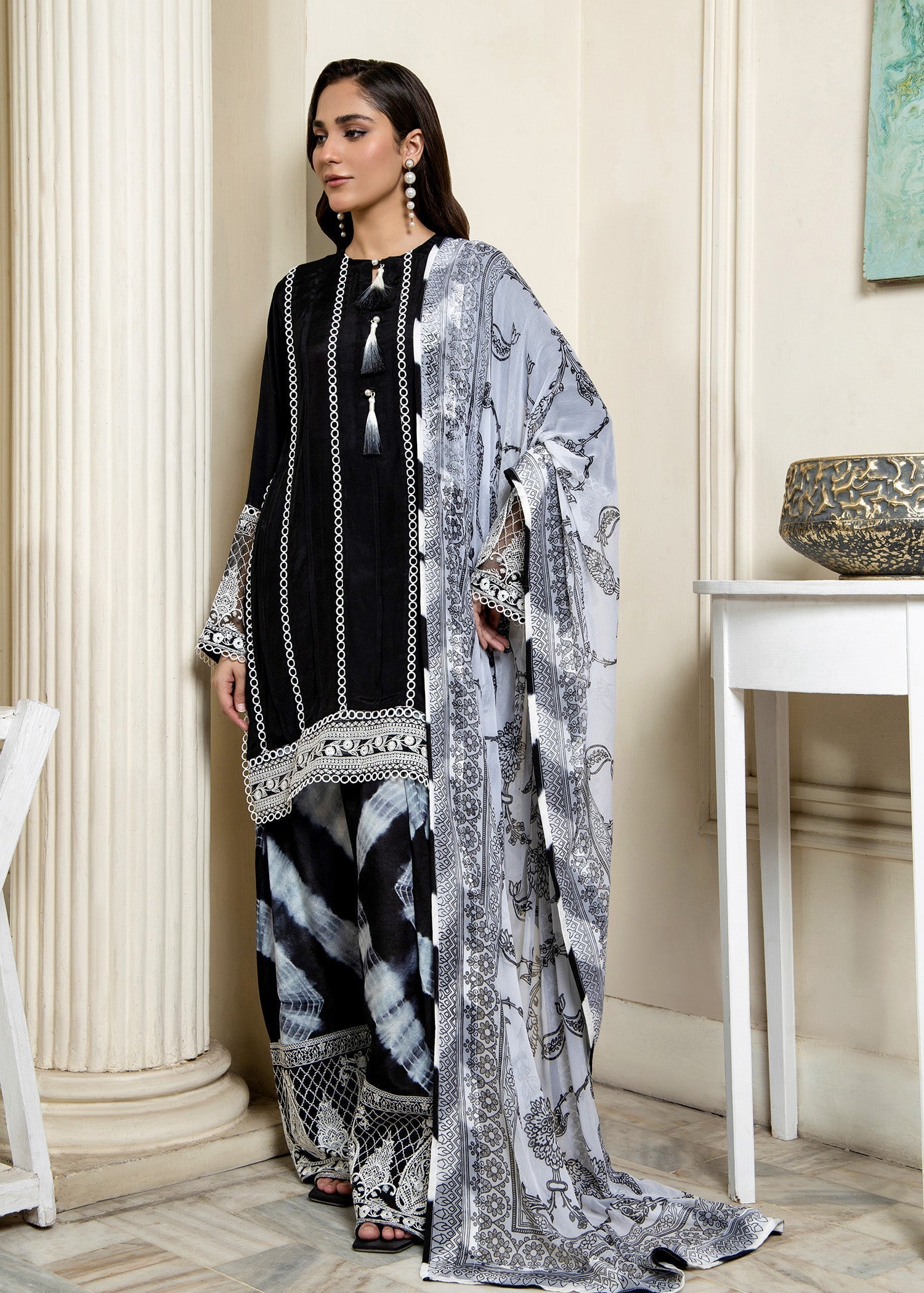 Black Farshi Shalwar with Tie and Die Dupatta Online in Dubai DXB UAE Abudhabi Meena Bazaar