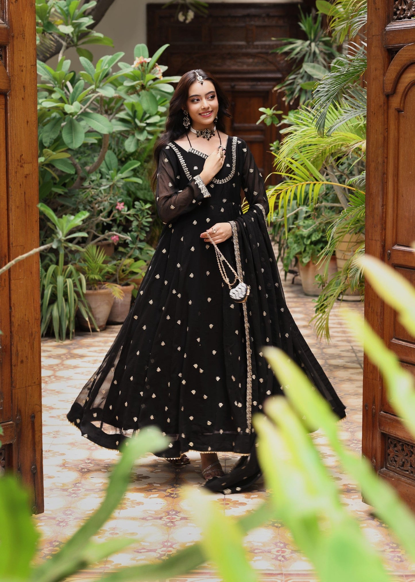 Black Festive Embroidered Chiffon Dupatta Set Online in Dubai DXB UAE Abudhabi Meena Bazaar