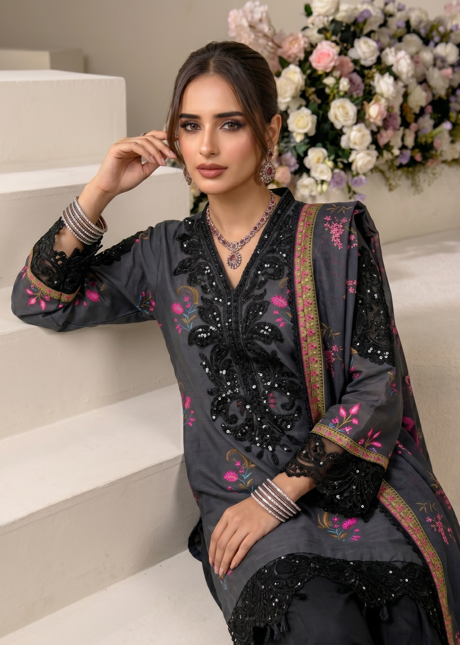 Black Festive Embroidered Raw Silk Pakistani Outfit Online in Sri Lanka India Australia
