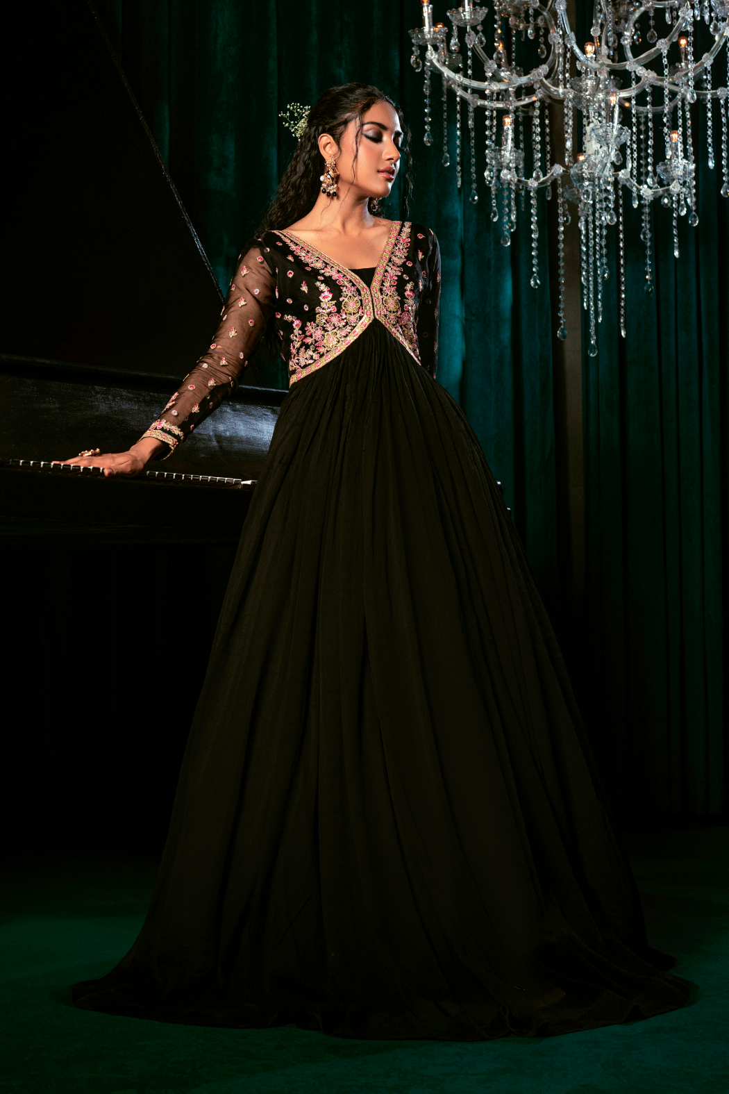 Black Floral Embroidered Chiffon Pishwas Kurta Set Online in Sri Lanka India Australia