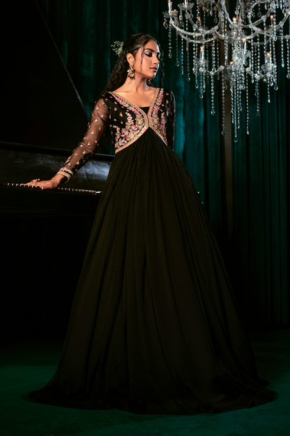 Black Floral Embroidered Chiffon Pishwas Kurta Set Online in Sri Lanka India Australia