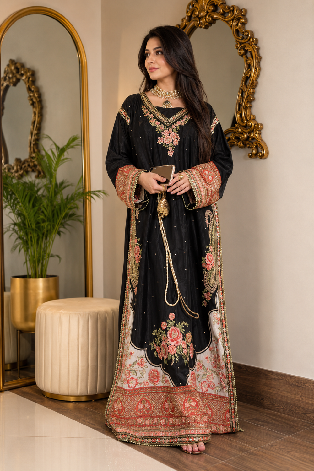 Black Floral Embroidered Kaftan Dress Online in Dubai UAE Abudhabi Ajman Sharjah