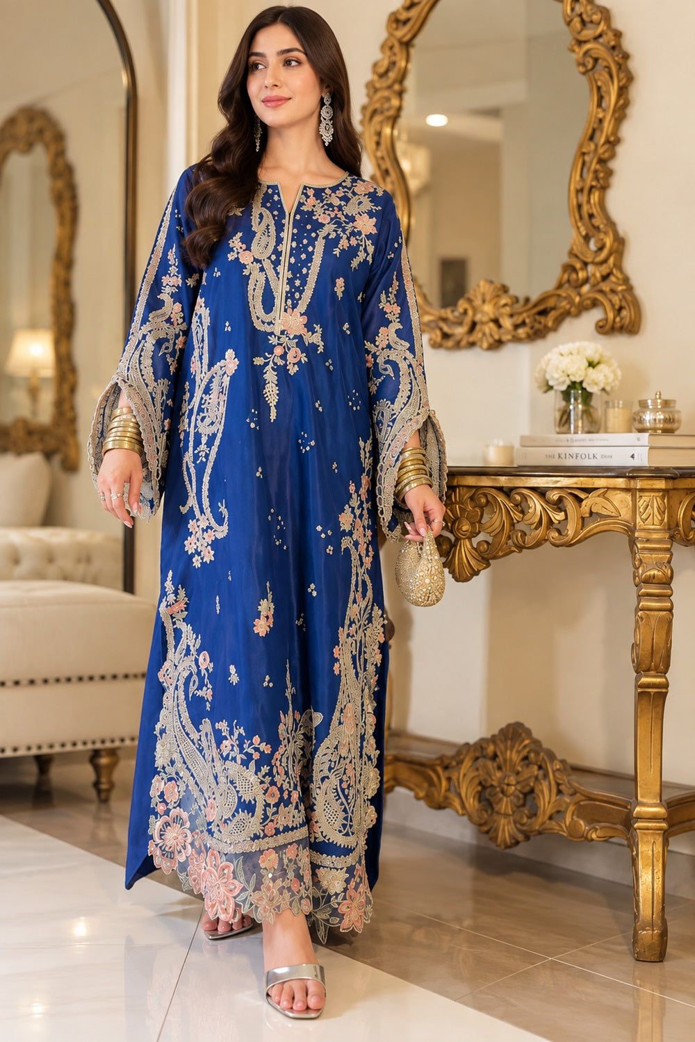 Black Floral Embroidered Pure Viscose Raw Silk Kaftan Online in Dubai UAE Abudhabi Ajman Sharjah