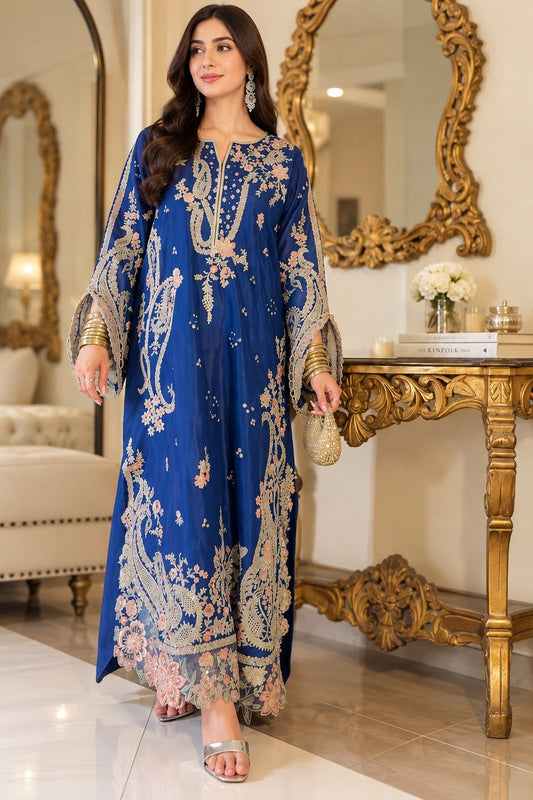 Black Floral Embroidered Pure Viscose Raw Silk Kaftan Online in Dubai UAE Abudhabi Ajman Sharjah