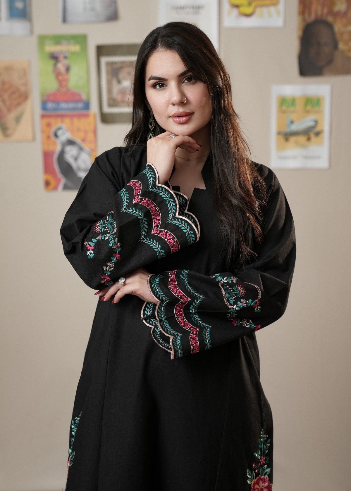 Black Floral Embroidered Slub Khaddar Pakistani Designer Suit Online in Dubai UAE Abudhabi Ajman Sharjah