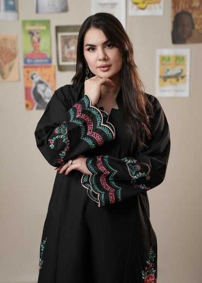 Black Floral Embroidered Slub Khaddar Pakistani Designer Suit Online in Dubai UAE Abudhabi Ajman Sharjah