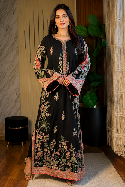 Black Floral Embroidered Viscose Silk Kaftan Online in Dubai UAE Abudhabi Ajman Sharjah