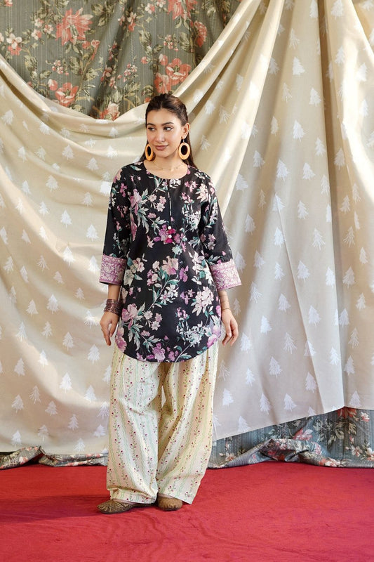 Black Floral Print Lawn Kurta Set Online in Dubai UAE Abudhabi Ajman Sharjah
