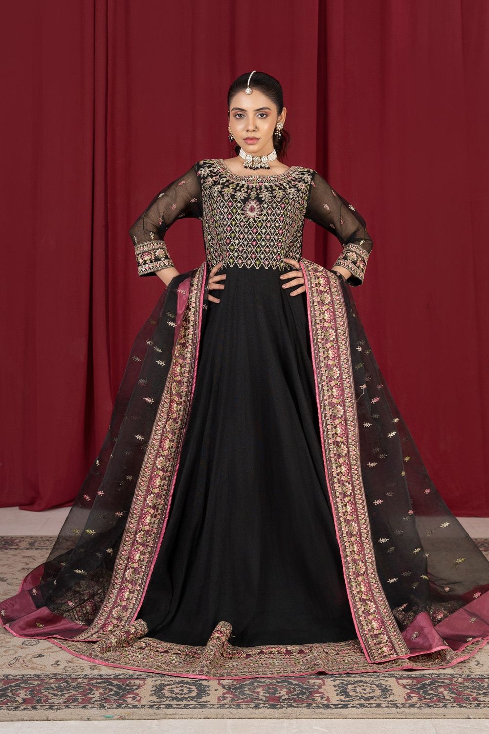 Black Gold Embroidered Cotton Net Pishwas Suit Online in Dubai UAE Abudhabi Ajman Sharjah