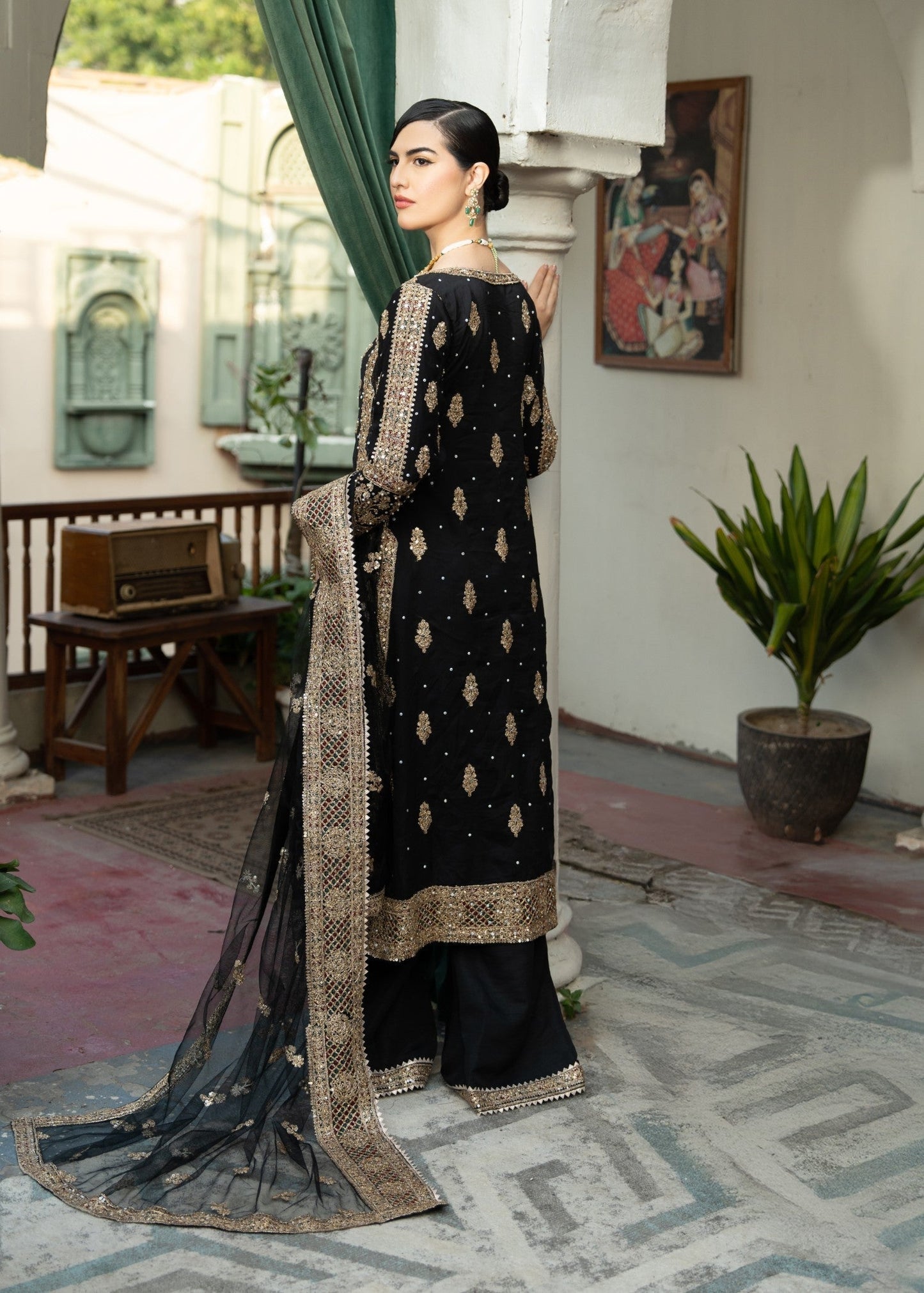 Black Golden Embroidered Chiffon Pakistani Wedding Dress Online in Dubai DXB UAE Abudhabi Meena Bazaar
