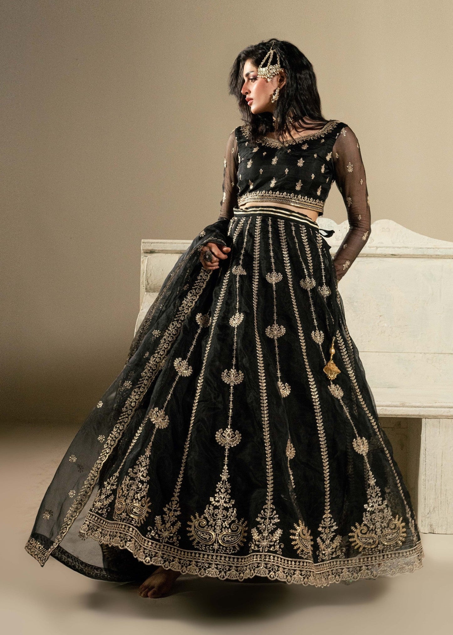 Black Golden Motif Organza Lehenga Choli Online in Sri Lanka India Australia