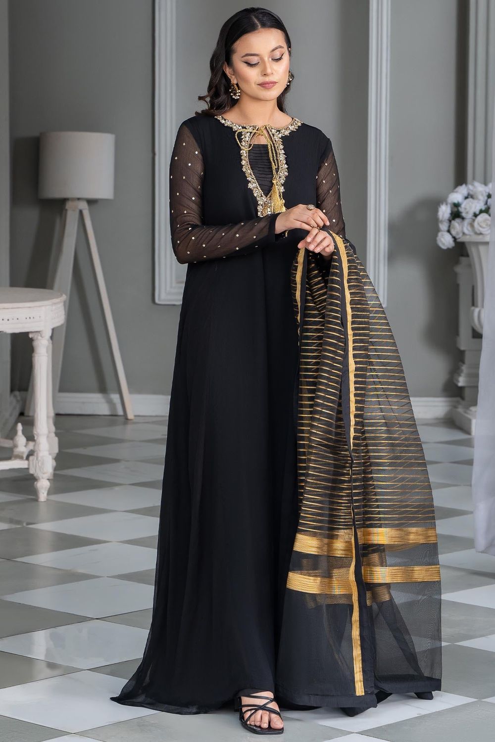 Black Hand Embellished Chiffon Partywear Suit Online in Dubai UAE Abudhabi Ajman Sharjah