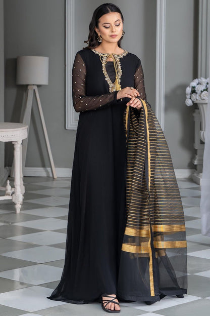 Black Hand Embellished Chiffon Partywear Suit Online in Dubai UAE Abudhabi Ajman Sharjah