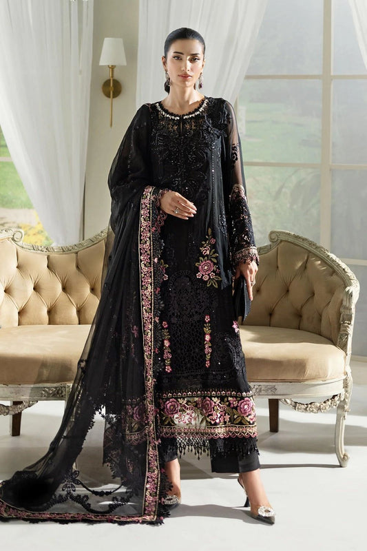 Black Hand Embellished Chiffon Partywear Suit with 3D Flowers Online in Dubai UAE Abudhabi Ajman Sharjah