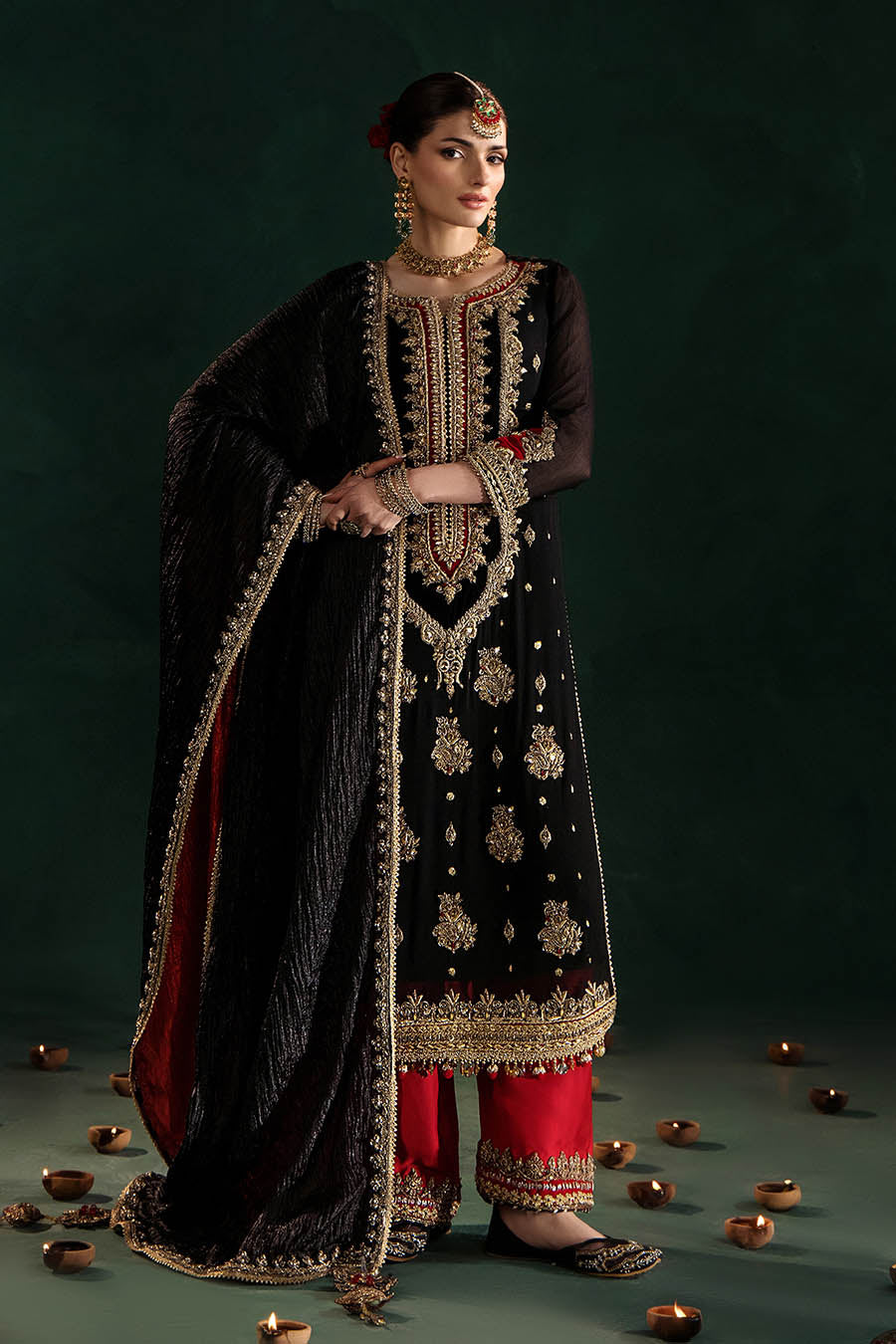 Black Hand Embellished Crinkle Chiffon Designer Suit Online in UK USA Canada