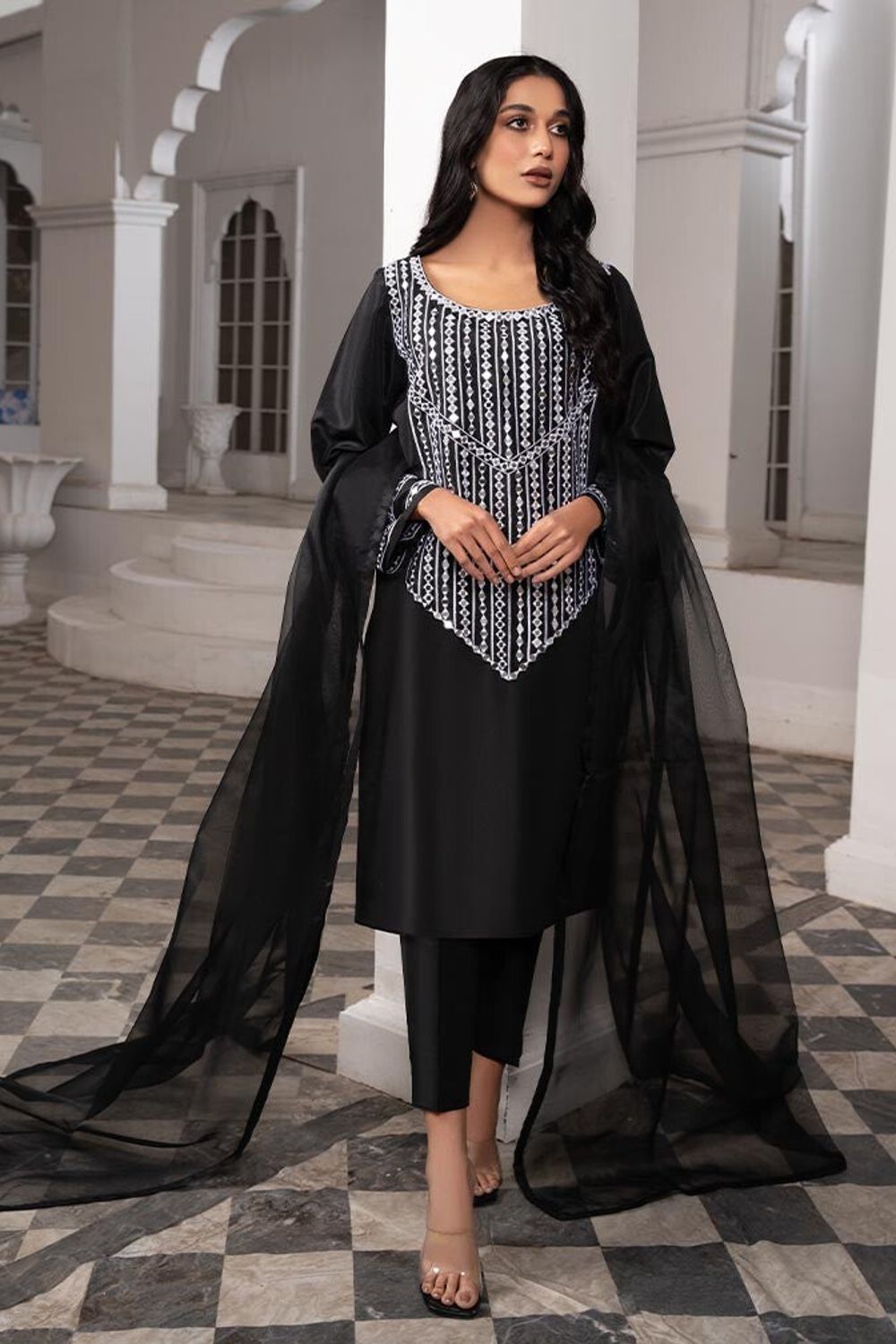 Black Hand Embellished Mirror Work Kattan Silk Partywear Suit Online in Dubai UAE Abudhabi Ajman Sharjah