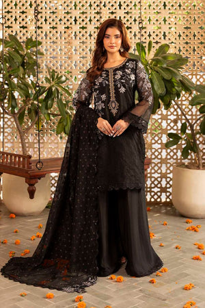 Black Hand Embellished Organza Partywear Suit Online in Dubai UAE Abudhabi Ajman Sharjah