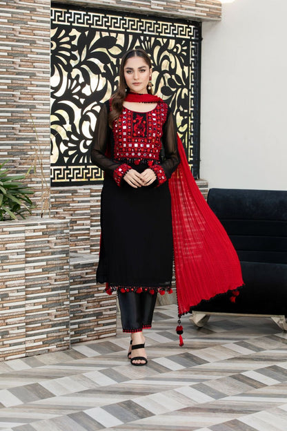Black Hand Embroidered Crinkle Chiffon Pakistani Suit Online in Dubai UAE Abudhabi Ajman Sharjah