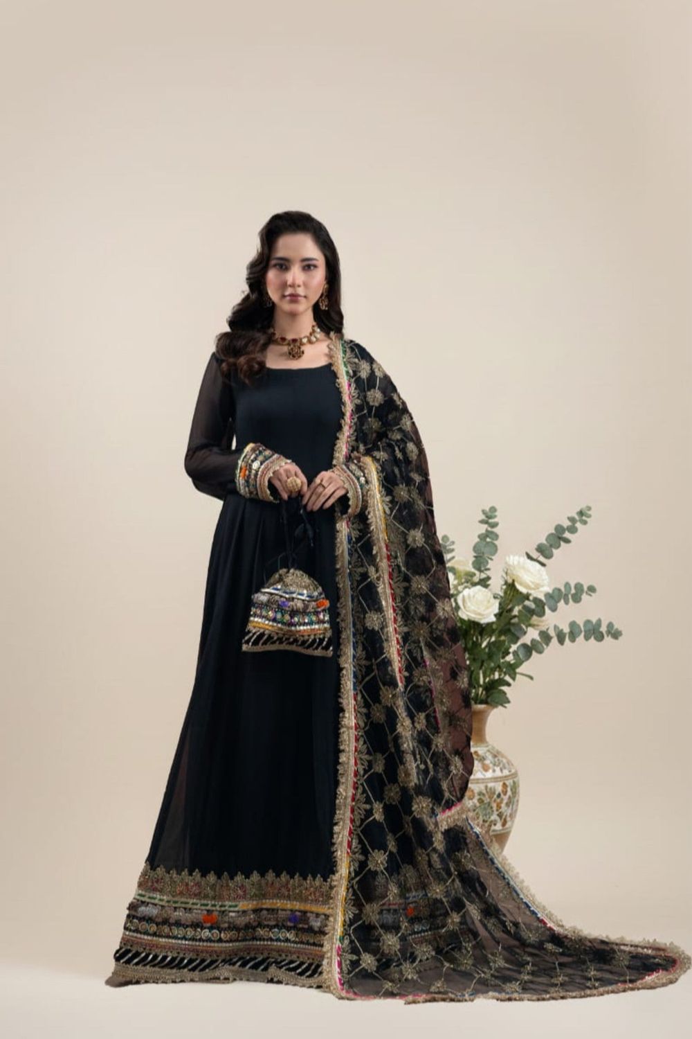 Black Hand Embroidered Crinkle Chiffon Pishwas Suit Online in Dubai UAE Abudhabi Ajman Sharjah