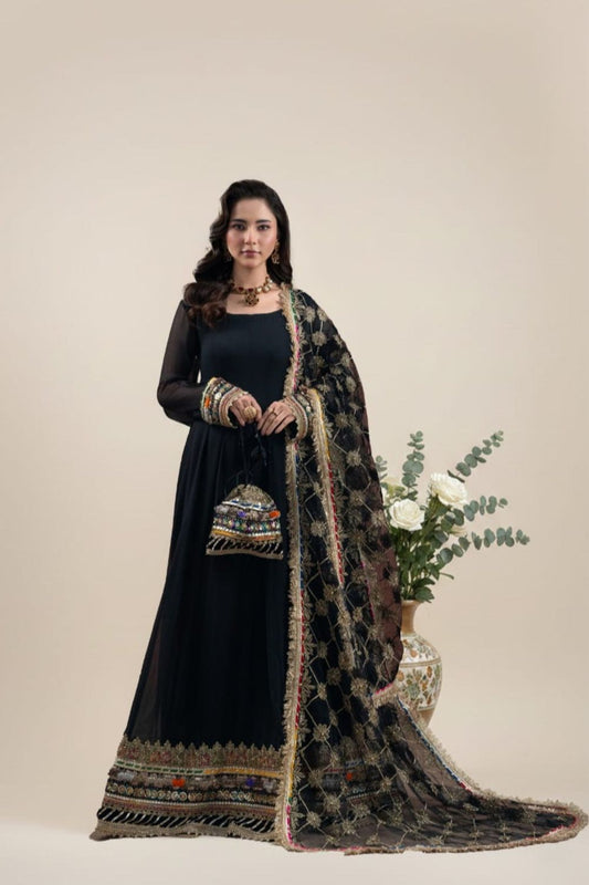Black Hand Embroidered Crinkle Chiffon Pishwas Suit Online in Dubai UAE Abudhabi Ajman Sharjah