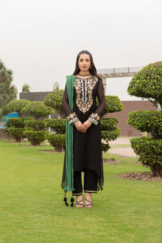 Black Hand Embroidered Crinkle Partywear Suit Online in Dubai UAE Abudhabi Ajman Sharjah