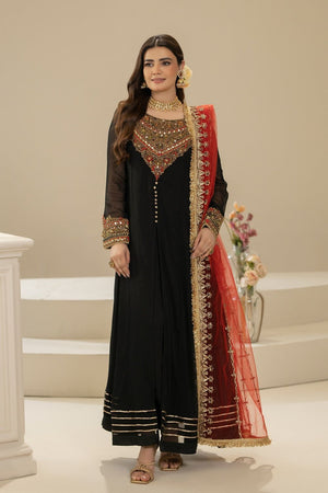 Black Hand Embroidered Crinkle Pishwas Suit Online in Dubai UAE Abudhabi Ajman Sharjah