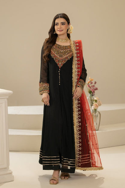 Black Hand Embroidered Crinkle Pishwas Suit Online in Dubai UAE Abudhabi Ajman Sharjah