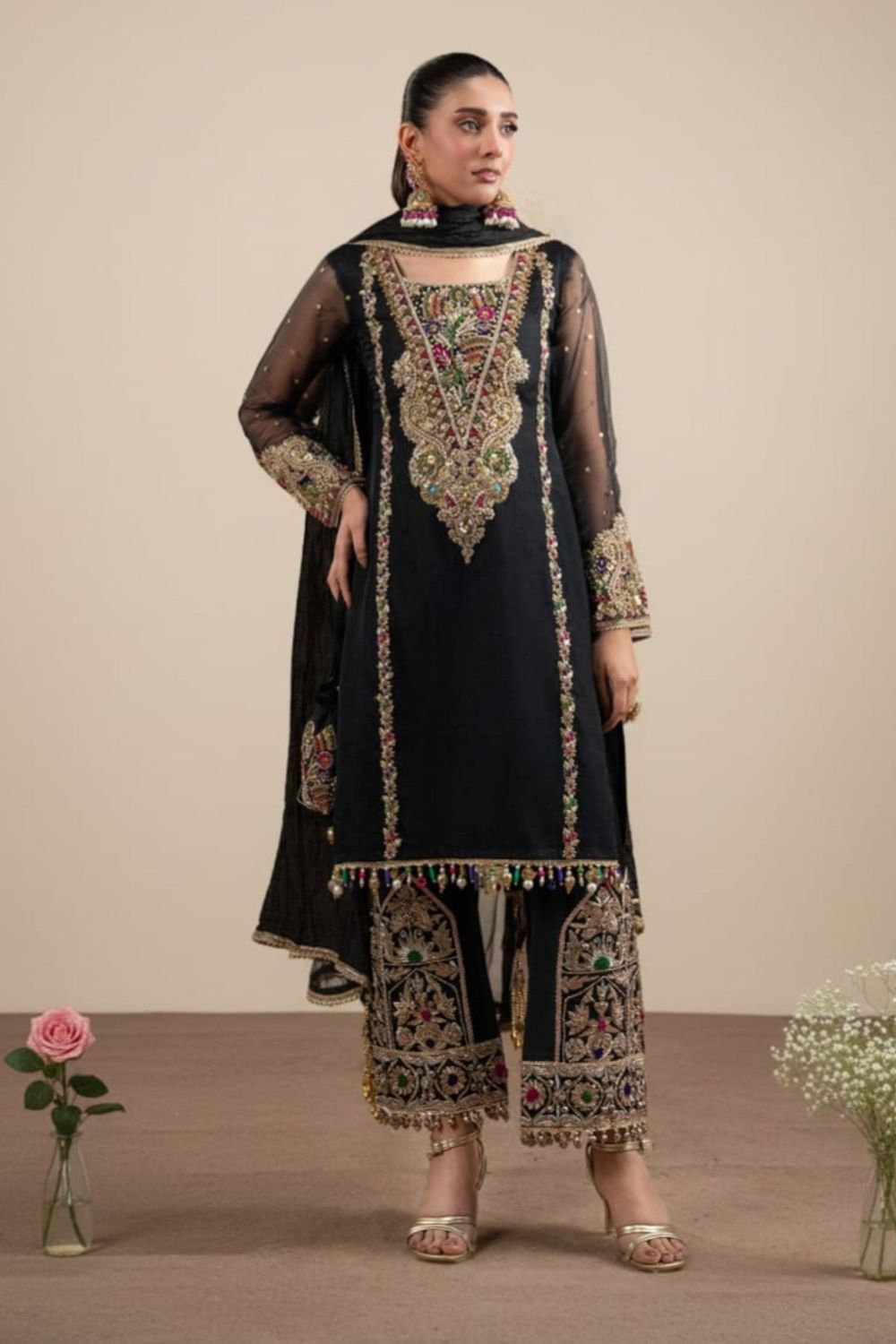 Black Hand Embroidered Organza Partywear Suit Online in Dubai UAE Abudhabi Ajman Sharjah
