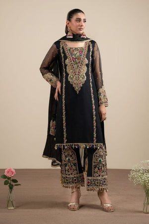 Black Hand Embroidered Organza Partywear Suit Online in Dubai UAE Abudhabi Ajman Sharjah