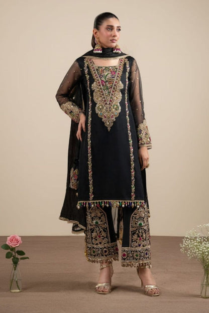 Black Hand Embroidered Organza Partywear Suit Online in Dubai UAE Abudhabi Ajman Sharjah