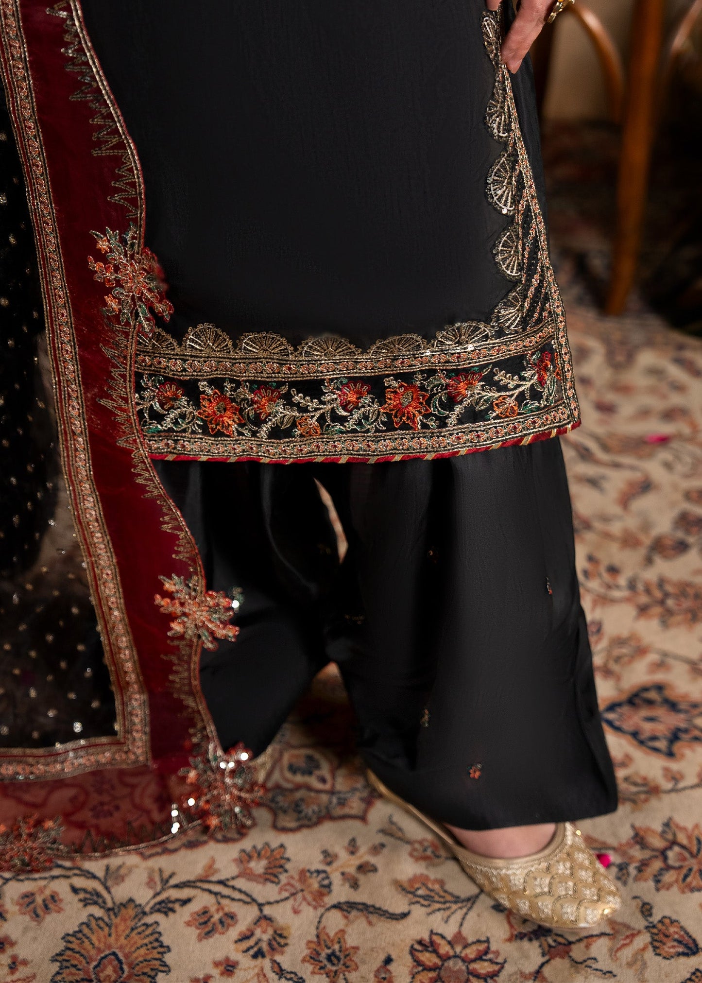 Black Heavy Embroidered Organza Dupatta Farshi Suit Online in Sri Lanka India Australia