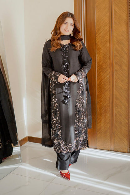 Black Heavy Embroidered Raw Silk Partywear Suit Online in Dubai UAE Abudhabi Ajman Sharjah