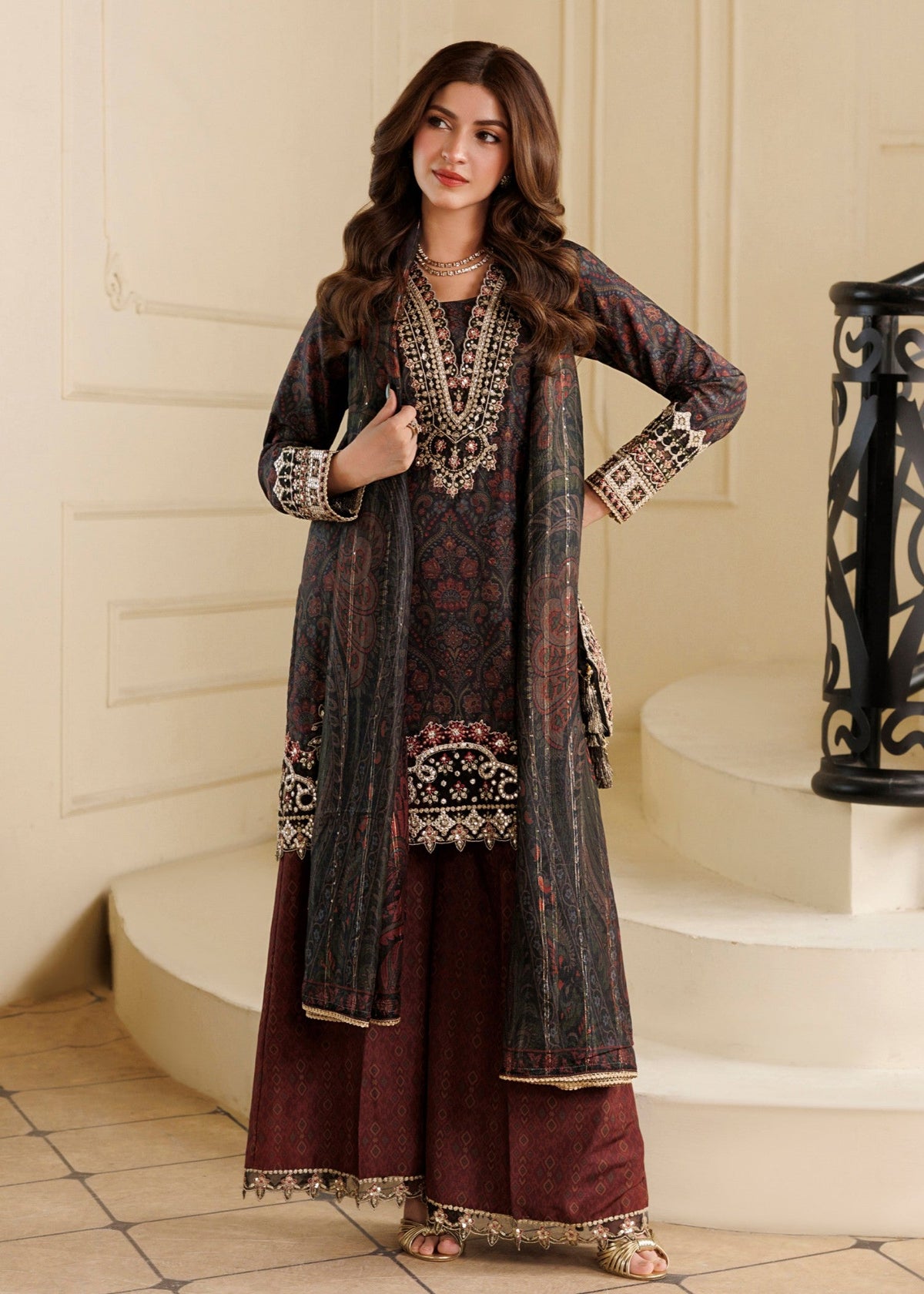 Black Khaddar Embroidered Pakistani Suit with Dupatta Online in Dubai DXB UAE Abudhabi Meena Bazaar