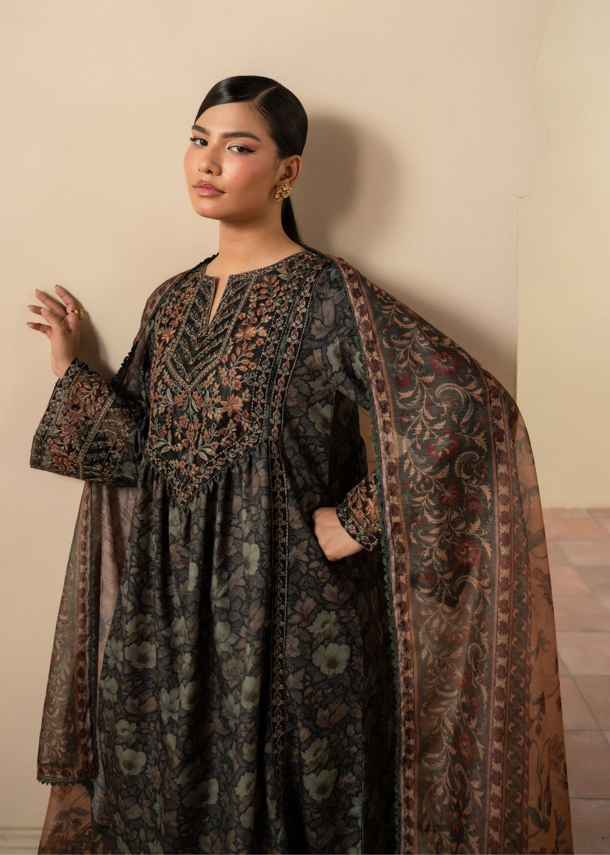Black Khaddar Peplum Frock with Manaar Dupatta Online in Sri Lanka India Australia