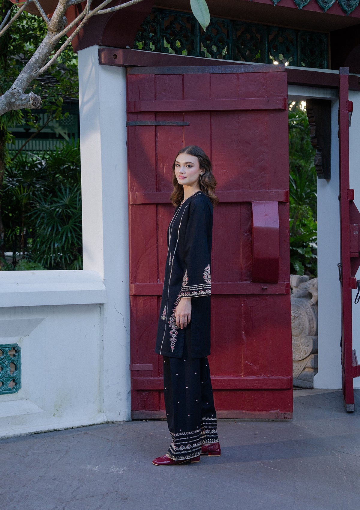 Black Khaddar Straight Trouser Suit Online in KSA Riyadh Saudi Arabia Oman Bahrain Qatar
