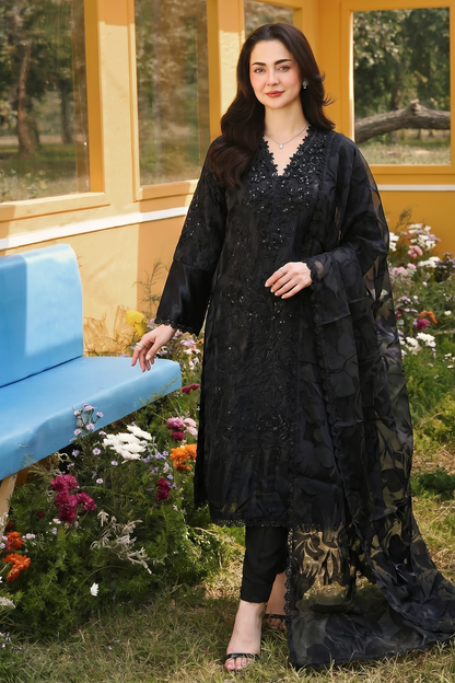 Black Khadi Shirt with Grip Trouser and Organza Dupatta Online in Dubai UAE Abudhabi Ajman Sharjah
