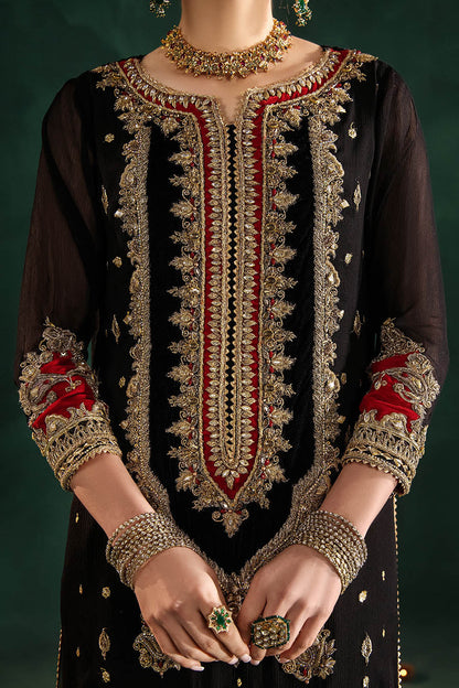 Black Kora Dabka Embroidered Indowestern Partywear Suit Online in KSA Riyadh Saudi Arabia Oman Bahrain Qatar