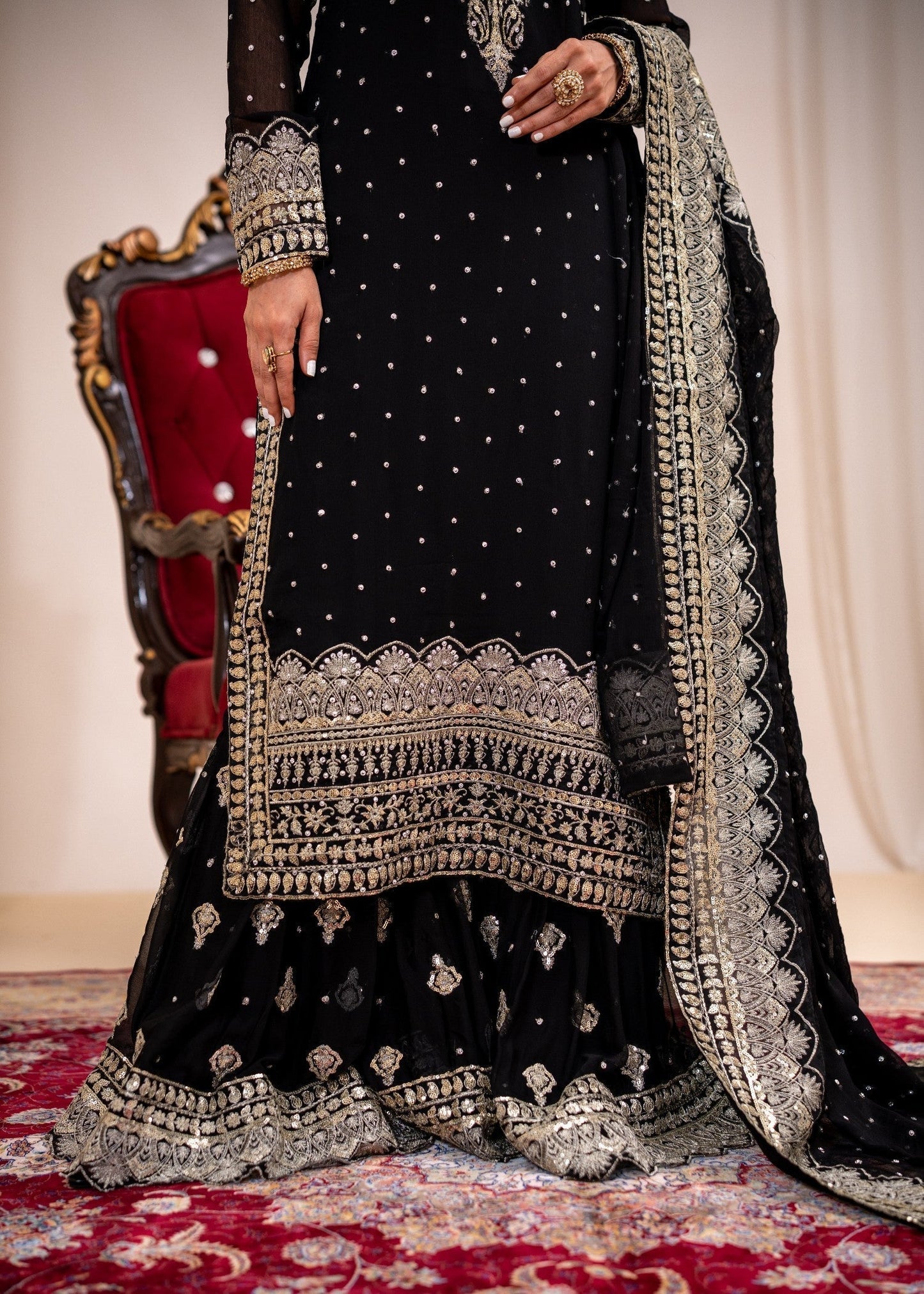 Black Kurti Gharara Dupatta Embroidered Suit Online in KSA Riyadh Saudi Arabia Oman Bahrain Qatar