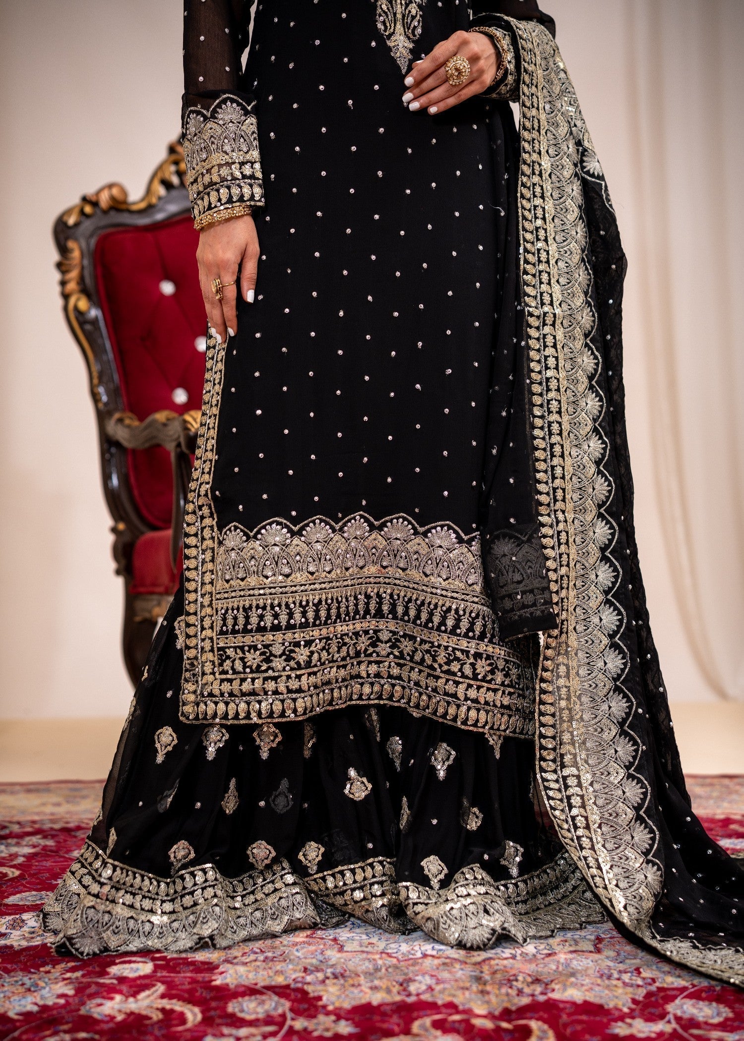 Black Kurti Gharara Dupatta Embroidered Suit Online in KSA Riyadh Saudi Arabia Oman Bahrain Qatar
